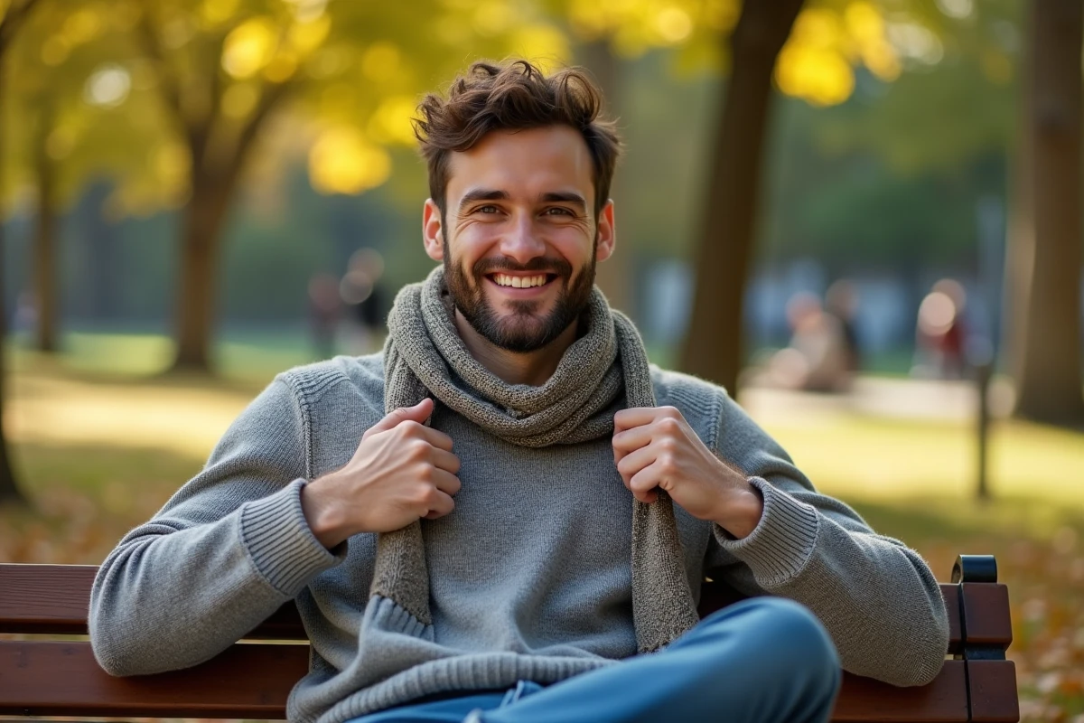 Jeune homme avec écharpe dans un parc en plein air