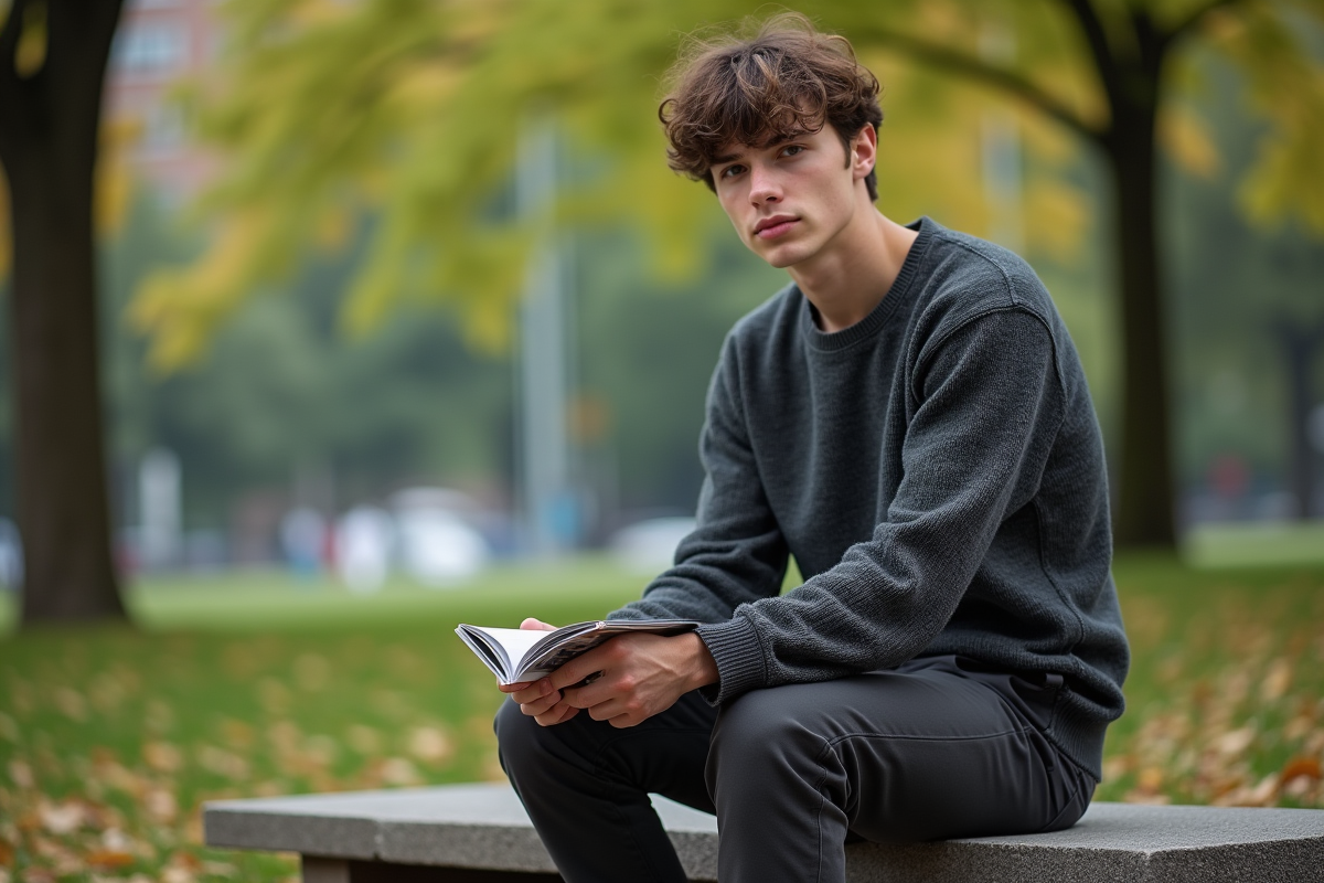 Jeune homme assis dans un parc urbain avec un pantalon chino