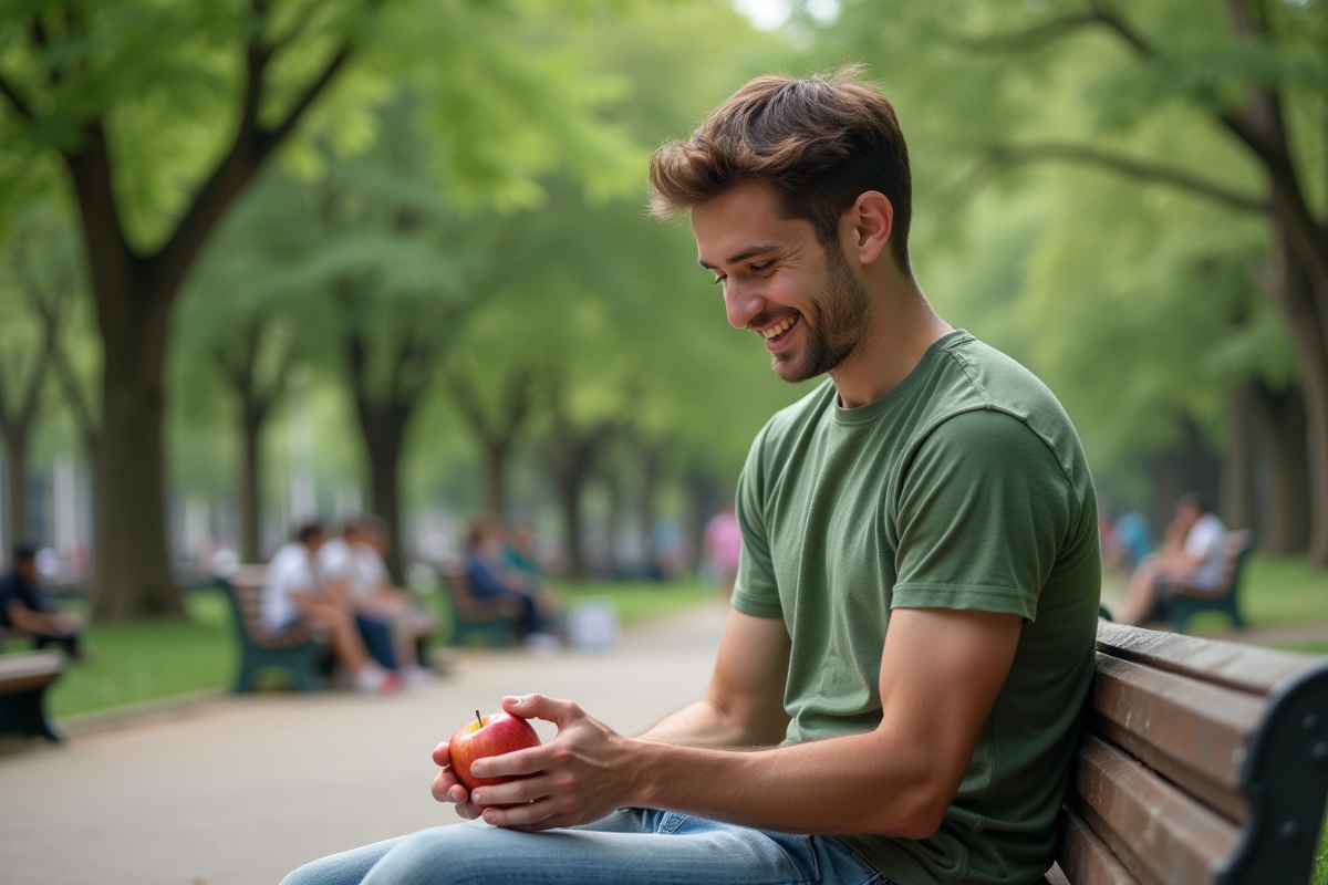 Jeune homme dans un parc en train de peler une pomme