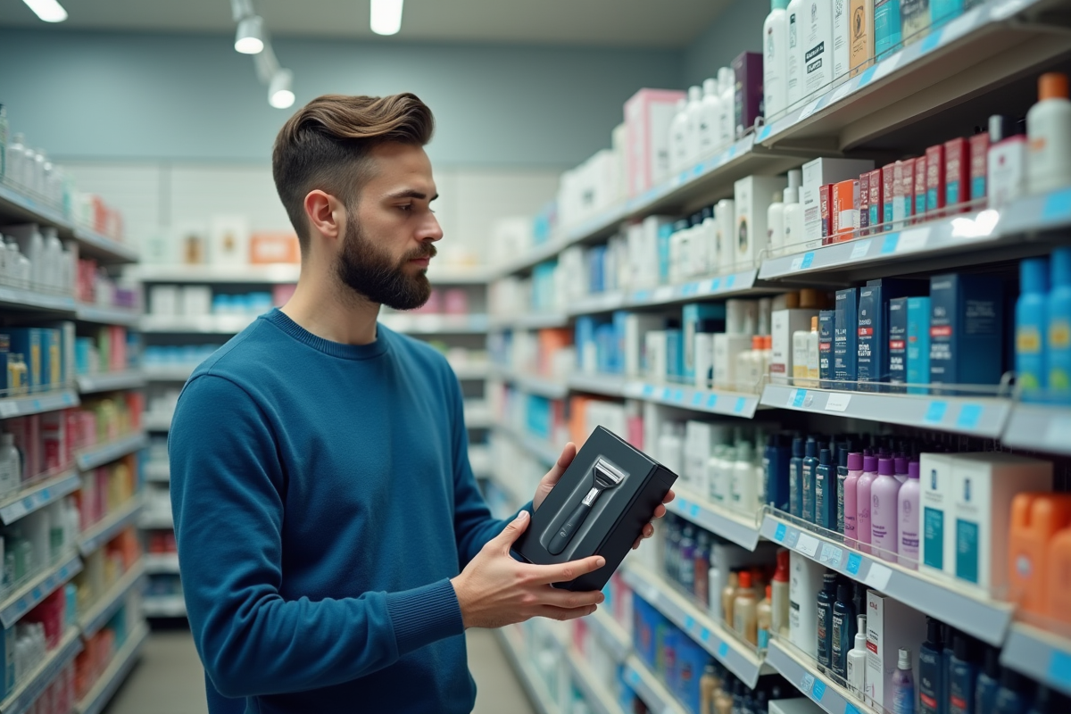 Jeune homme examine kit rasage en pharmacie moderne