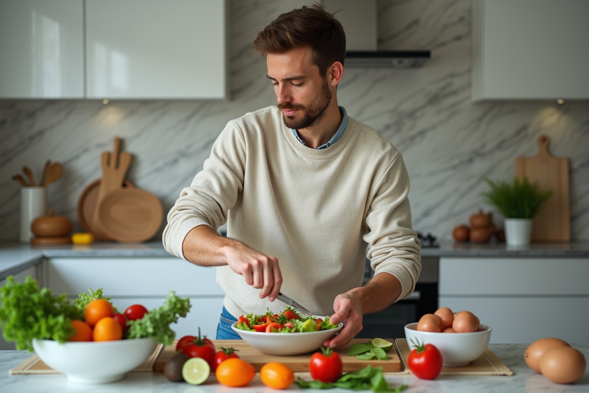 Jeune homme préparant une salade dans une cuisine moderne