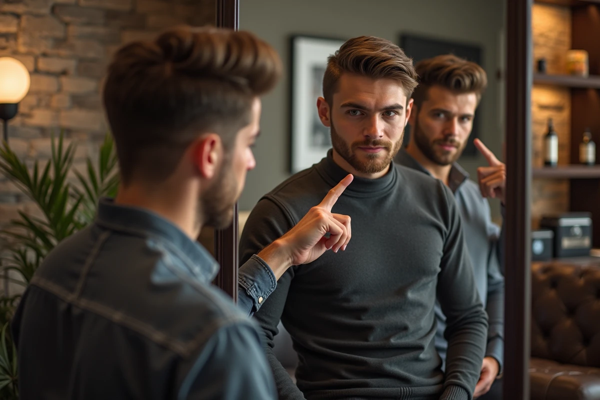 Jeune homme pointant sa ligne de cheveux dans un salon moderne