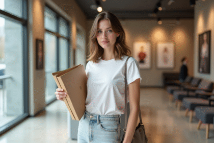 Jeune femme mannequin avec portfolio devant agence de mode