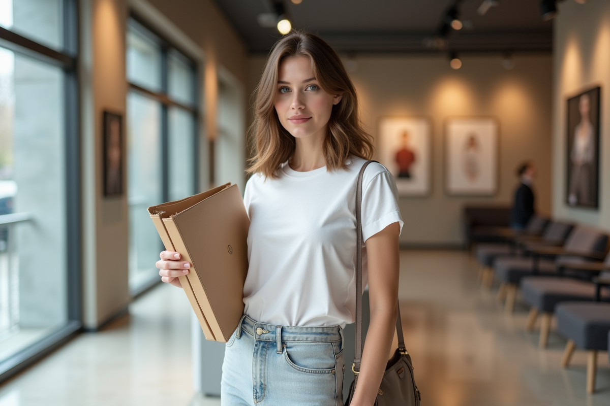 Jeune femme mannequin avec portfolio devant agence de mode