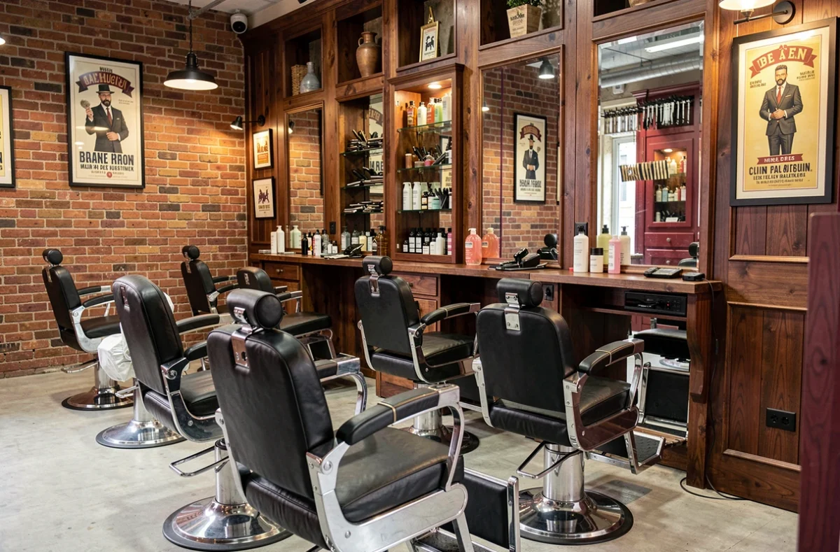 Intérieur élégant du barbier Just 4 Him à Dijon avec fauteuils en cuir noir et décor masculin vintage