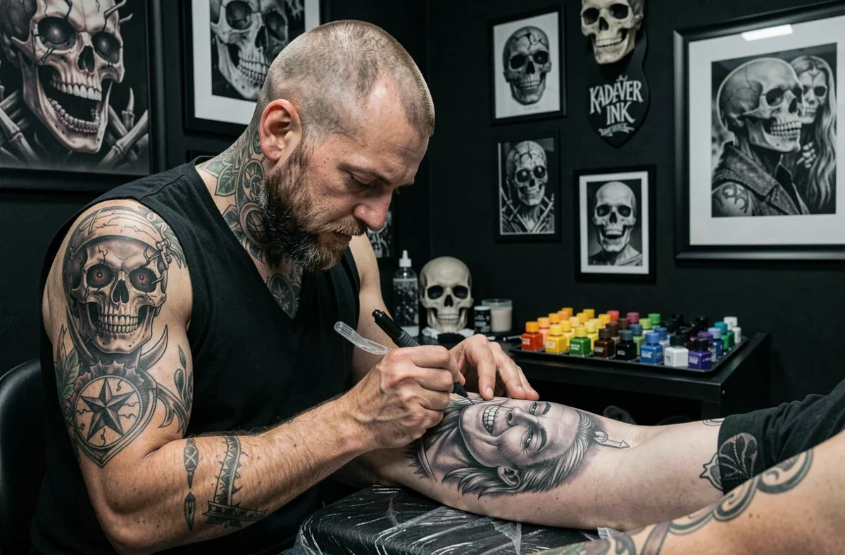 Tatoueur de Kadaver Ink à Achicourt réalisant un portrait réaliste en noir et gris dans un studio à l'esthétique sombre et gothique