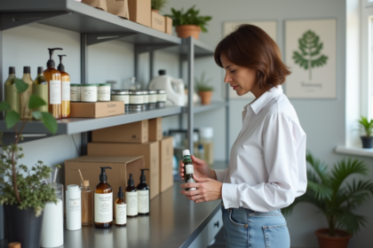 Femme inspectant produits de beauté naturels en laboratoire