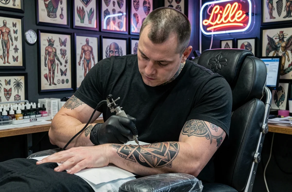 Artiste tatoueur de Lille aux Tatouages réalisant un tatouage géométrique dans un salon traditionnel aux murs couverts de flash art vintage