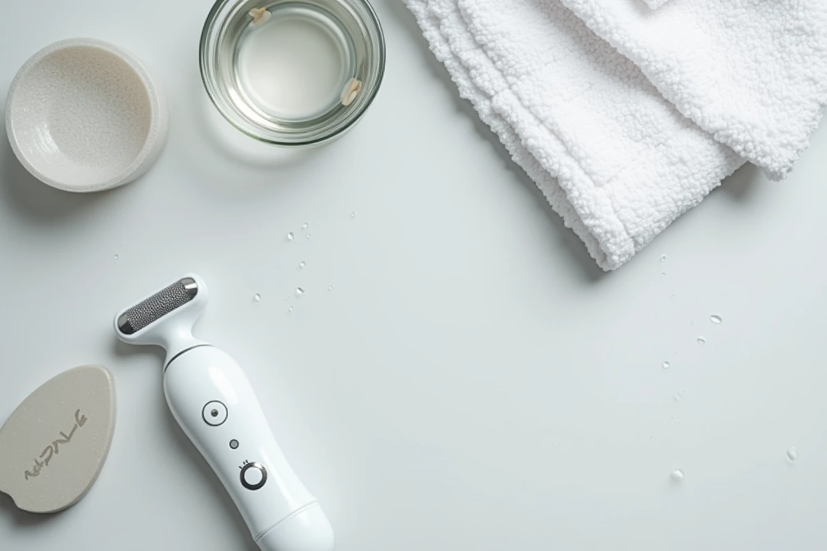 Lime électrique à callosités posée sur un comptoir de salle de bain avec accessoires de soin des pieds