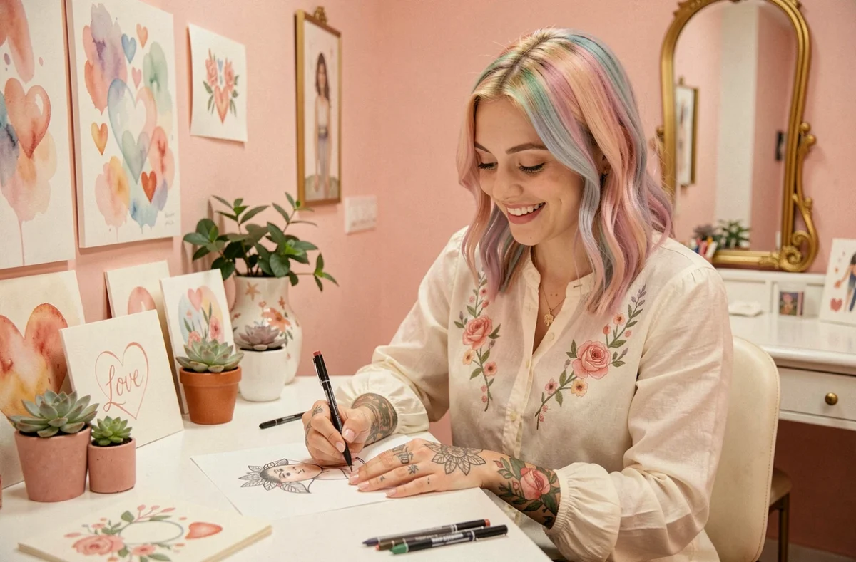 Tatoueuse de Love Arte à Lille dessinant un motif personnalisé dans un studio à l'esthétique romantique aux tons roses et dorés