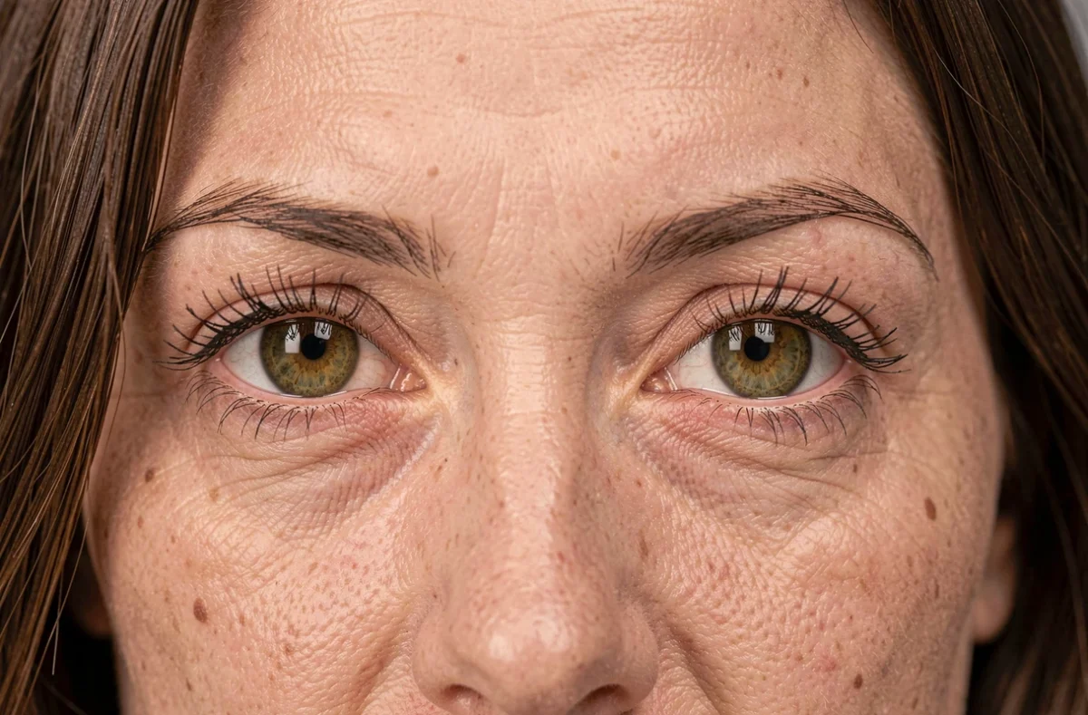 Macro portrait d'une femme mature aux yeux hazel, détail des iris montrant les nuances vertes, dorées et marrons