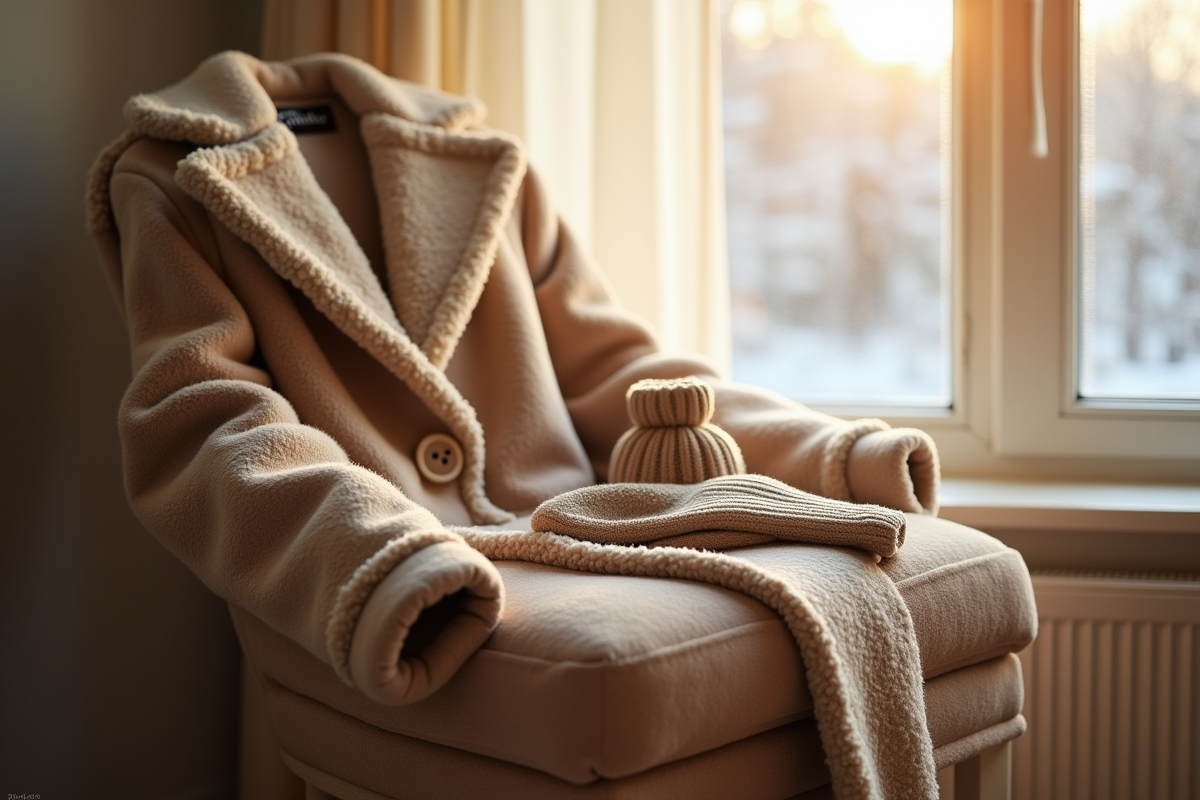 Manteau en laine beige sur une chaise près d