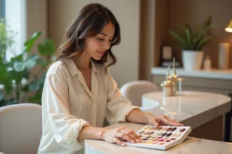 Femme élégante examinant palette de vernis à ongles