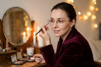 Femme portant des lunettes à monture fine appliquant un fard à paupières bronze pour un maquillage de fête élégant