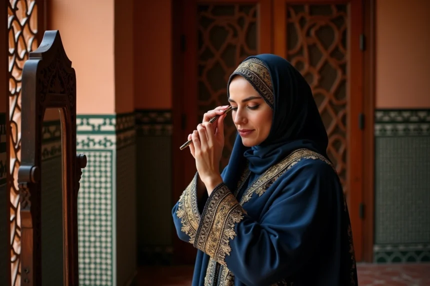 Femme marocaine appliquant du khôl traditionnel devant un miroir en bois sculpté dans un riad authentique