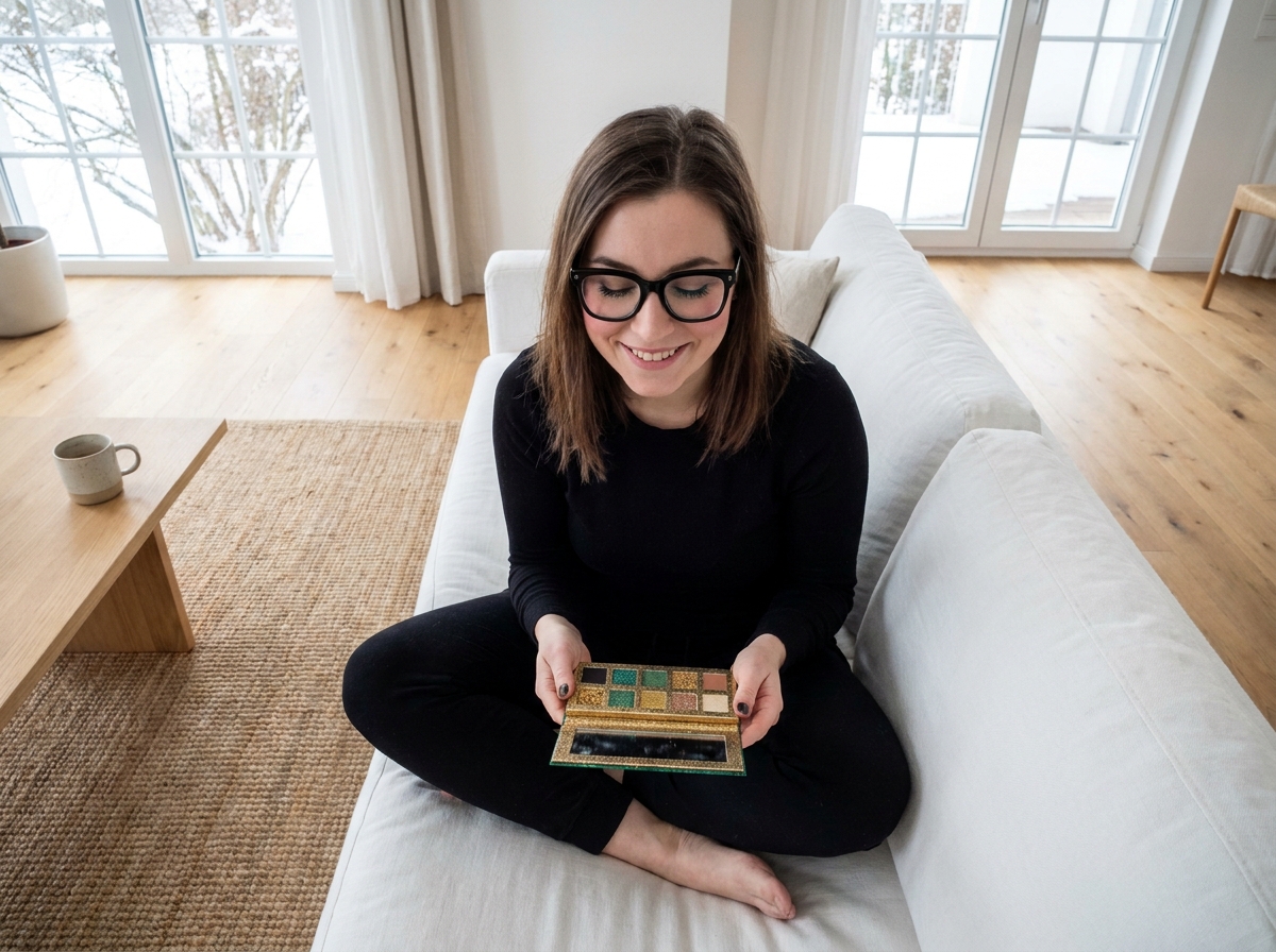 Jeune femme à lunettes noires rectangulaires explorant une palette de fard à paupières pailletée pour un maquillage de Noël adapté aux lunettes