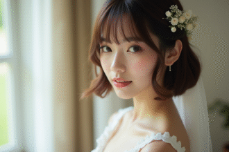Mariée avec coiffure carré lisse et accessoires floraux