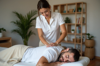 Femme masseuse en salon paisible avec client relaxe