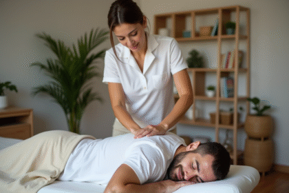 Femme masseuse en salon paisible avec client relaxe