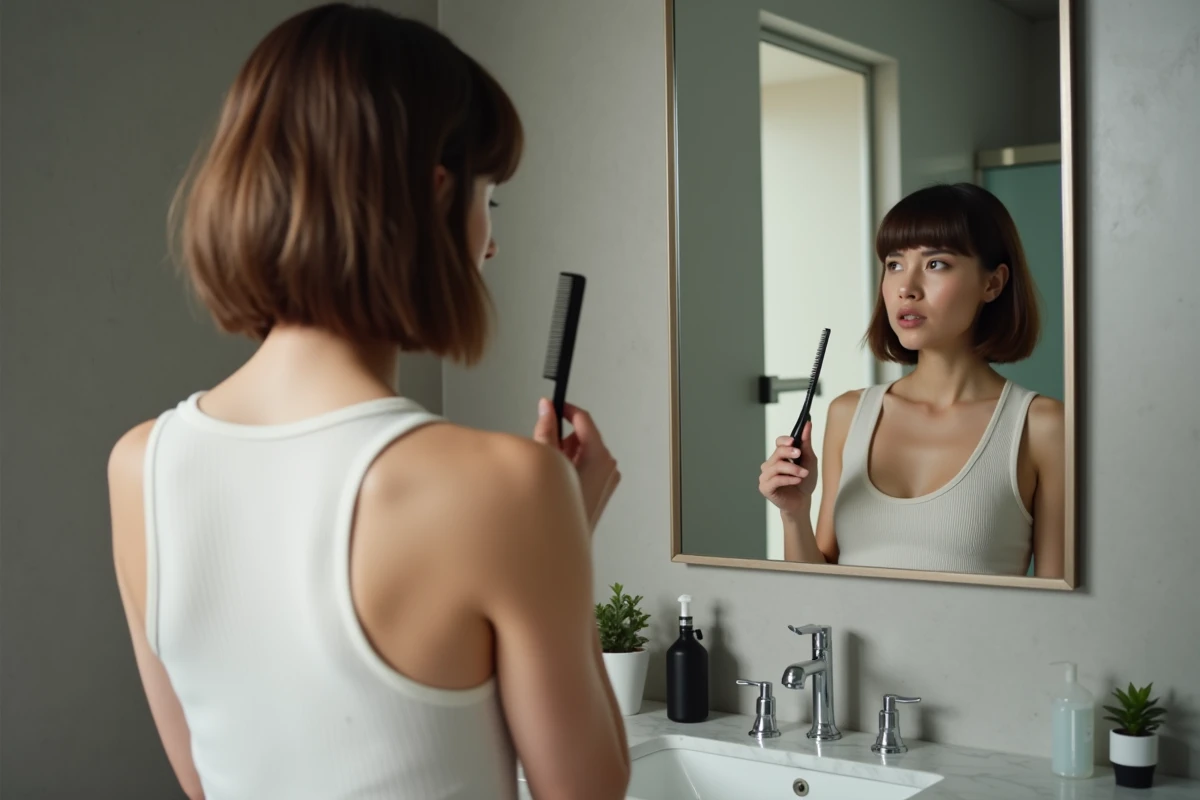 Jeune femme insatisfaite de sa coupe courte avec frange trop lourde, tenant un peigne devant le miroir de sa salle de bain