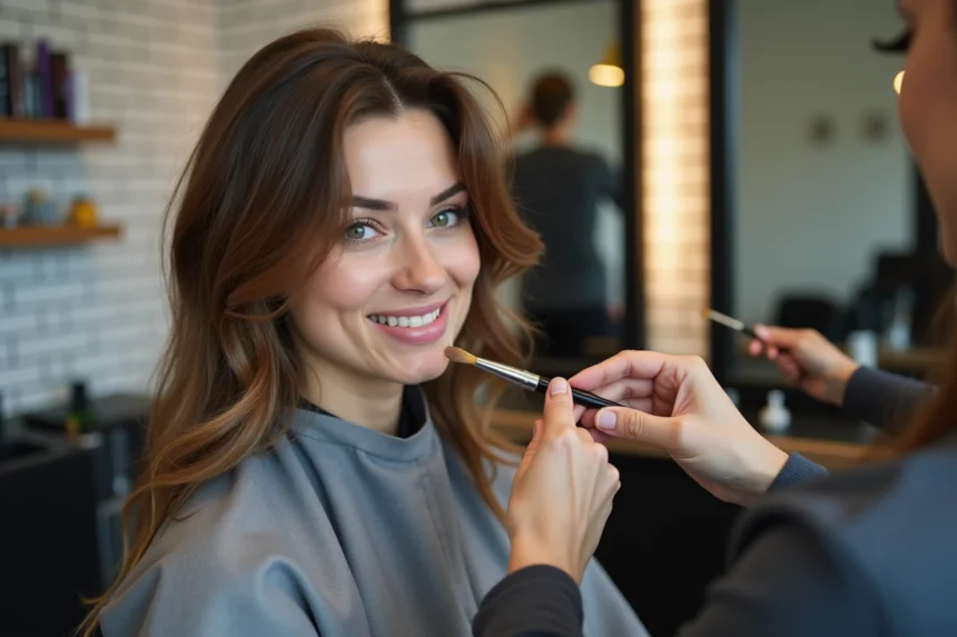 Coloriste appliquant des mèches sur une brune en salon de coiffure avec technique au balayage doux