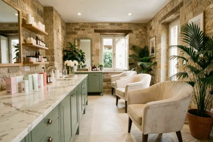 Intérieur élégant d'un salon de beauté en Bourgogne-Franche-Comté avec décor contemporain et touches provinciales françaises