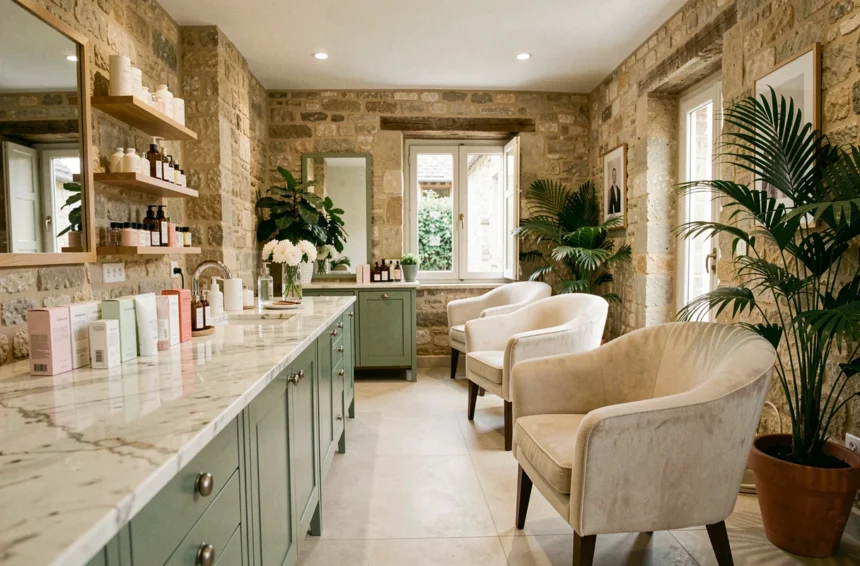 Intérieur élégant d'un salon de beauté en Bourgogne-Franche-Comté avec décor contemporain et touches provinciales françaises