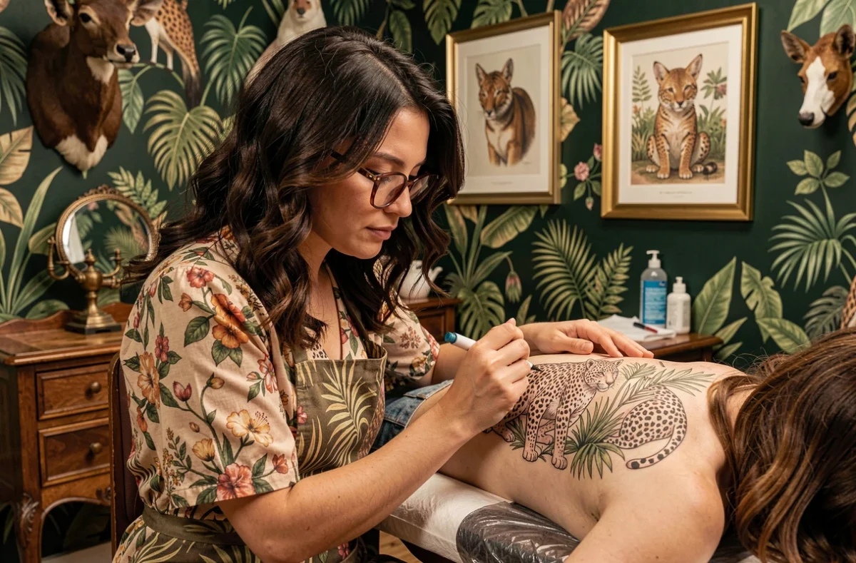 Tatoueuse Mlle Bagheera à Compiègne travaillant sur un tatouage jungle dans un studio à l'atmosphère sauvage et éclectique aux murs vert foncé
