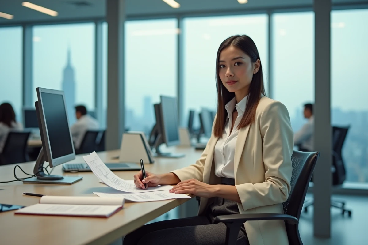Femme en milieu professionnel arborant une coupe mulet élégante et adaptée au bureau dans un open space moderne