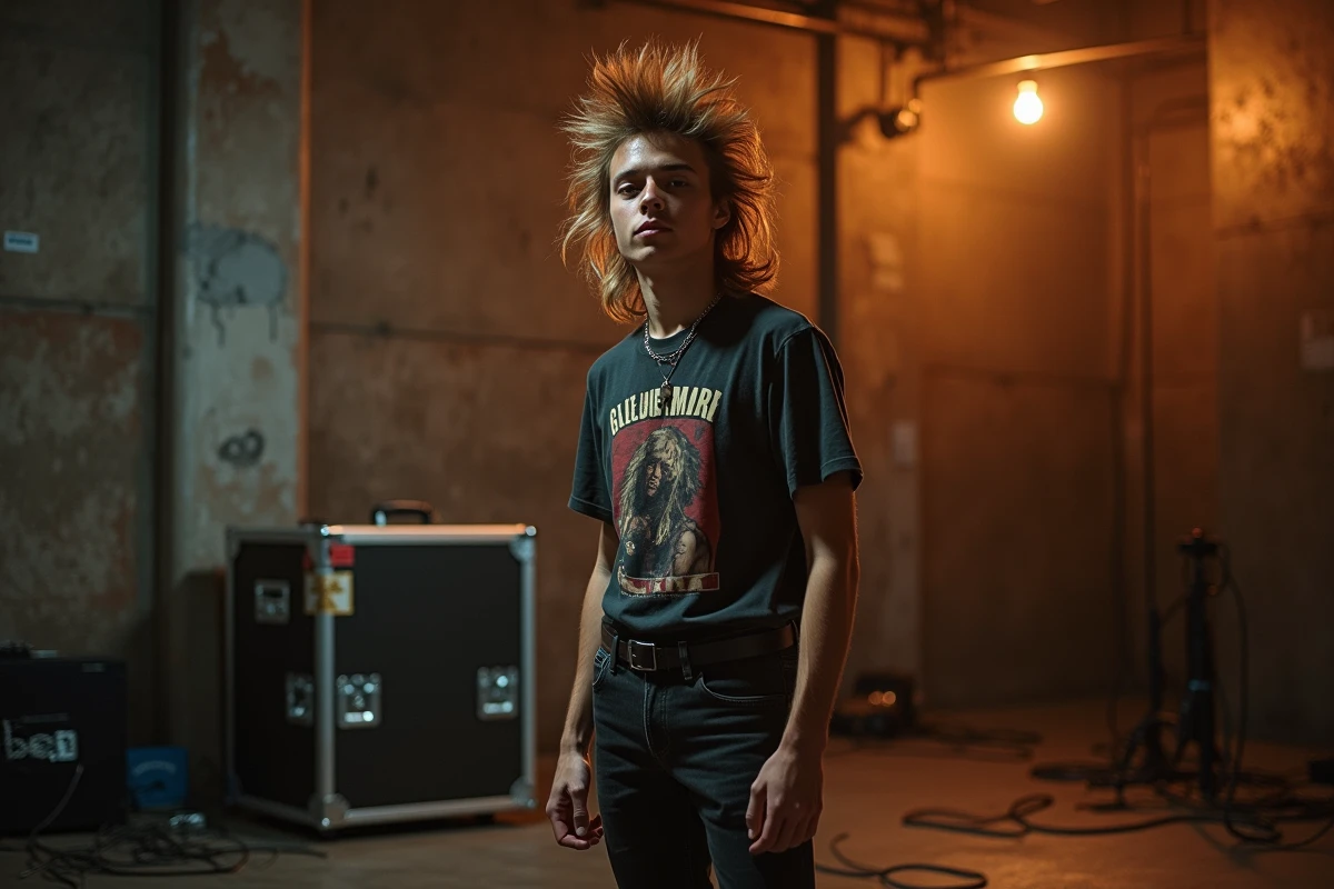 Jeune homme avec une coupe mulet rock volumineuse et texturée posant en coulisses d'une salle de concert avant un spectacle