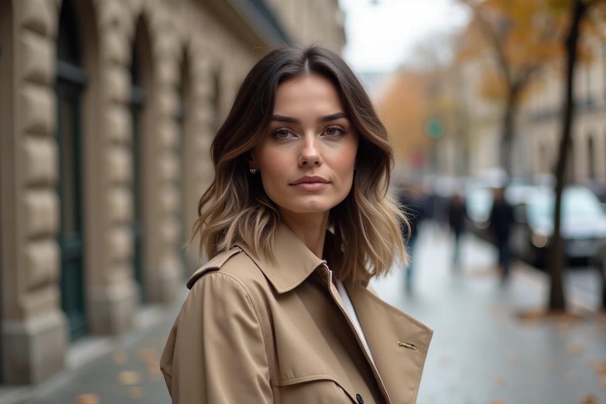 Femme en trench beige avec un ombré hair brun espresso vers blond cendré sur cheveux mi-longs en extérieur urbain