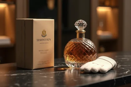 Flacon de parfum édition limitée numéroté posé sur marbre noir avec gants blancs de collectionneur