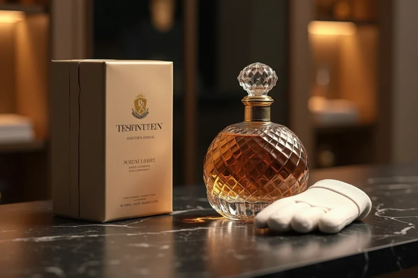 Flacon de parfum édition limitée numéroté posé sur marbre noir avec gants blancs de collectionneur