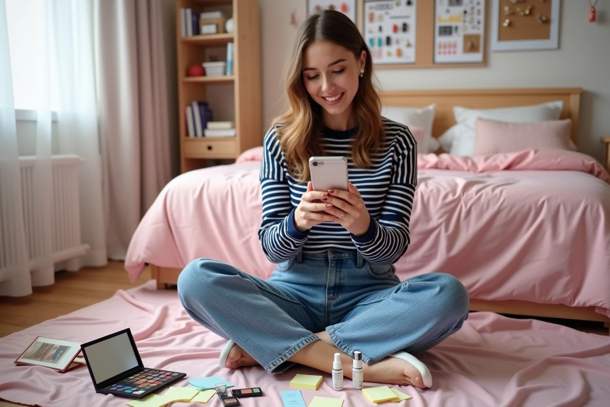 Jeune femme passionnée de beauté et de culture geek filmant un contenu créatif entourée de produits cosmétiques et de livres dans sa chambre