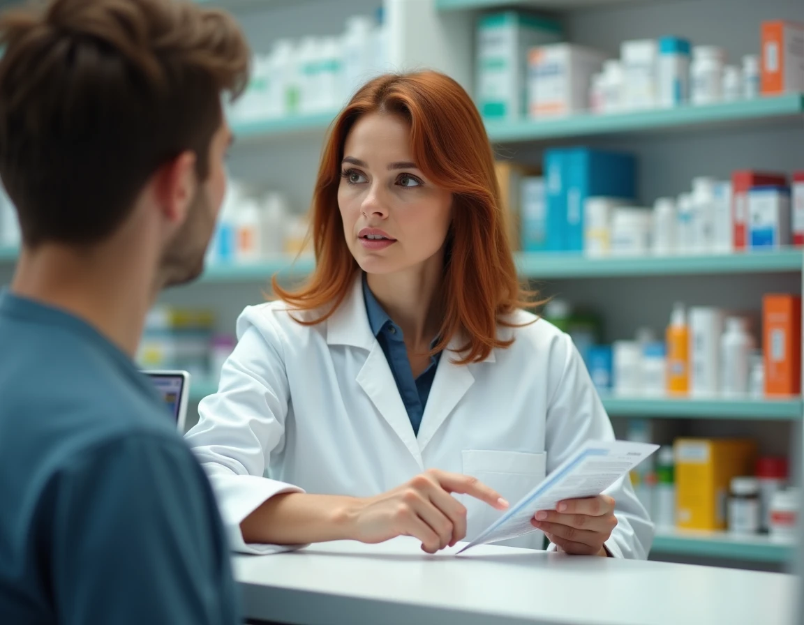Pharmacienne conseillant une cliente sur les soins et la prévention de l'infection d'un piercing d'oreille