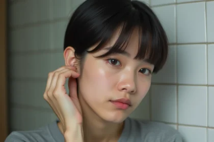 Jeune femme touchant son piercing du cartilage de l'oreille avec une légère rougeur visible autour du bijou