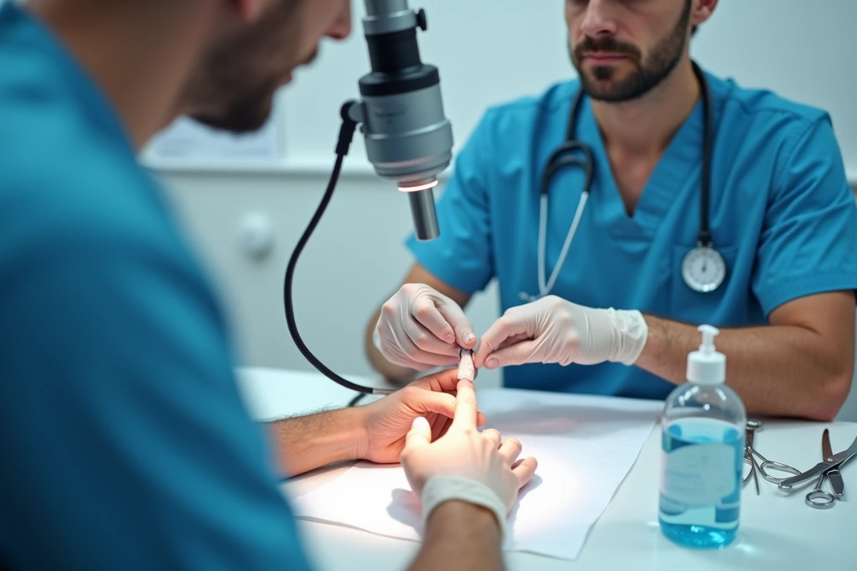 Podologue en consultation examinant un ongle de doigt avec une loupe, dans un cabinet médical propre et organisé