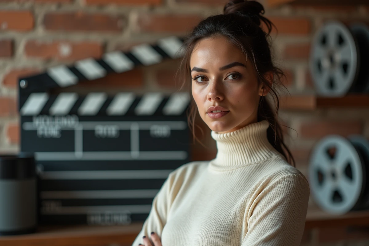 Portrait éditorial d'une femme emblématique devant des accessoires de tournage évoquant les séries générationnelles