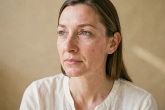 Portrait éditorial d'une femme au nez aquilin marqué mettant en valeur l'équilibre naturel du visage