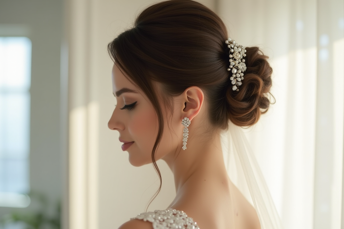 Jeune femme avec carré ondulé se préparant au mariage