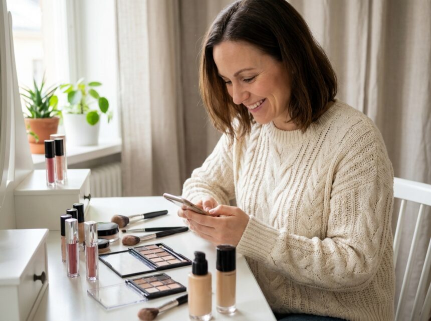 Femme préparant sa sélection maquillage Black Friday sur smartphone entourée de produits beauté organisés sur un bureau blanc