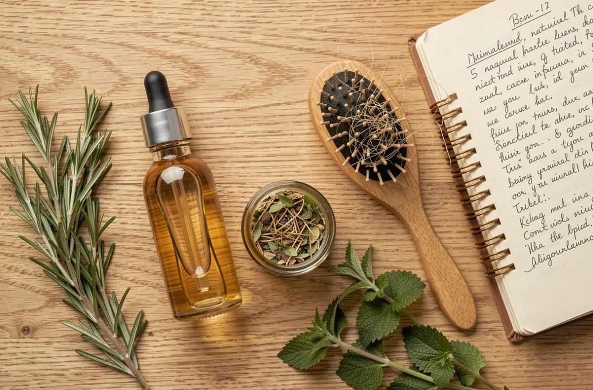 Produits naturels pour la chute de cheveux réactionnelle incluant sérum capillaire, romarin et brosse en bois sur surface en chêne
