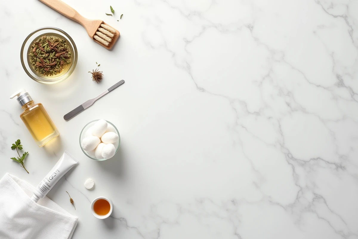 Mise à plat sur marbre de produits naturels de soin des ongles, incluant brosse, antiseptique et crème antifongique pour traiter l'infiltration ongle