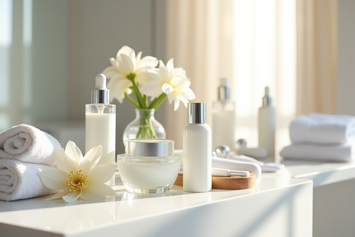 Produits et outils de soin visage sur un comptoir élégant