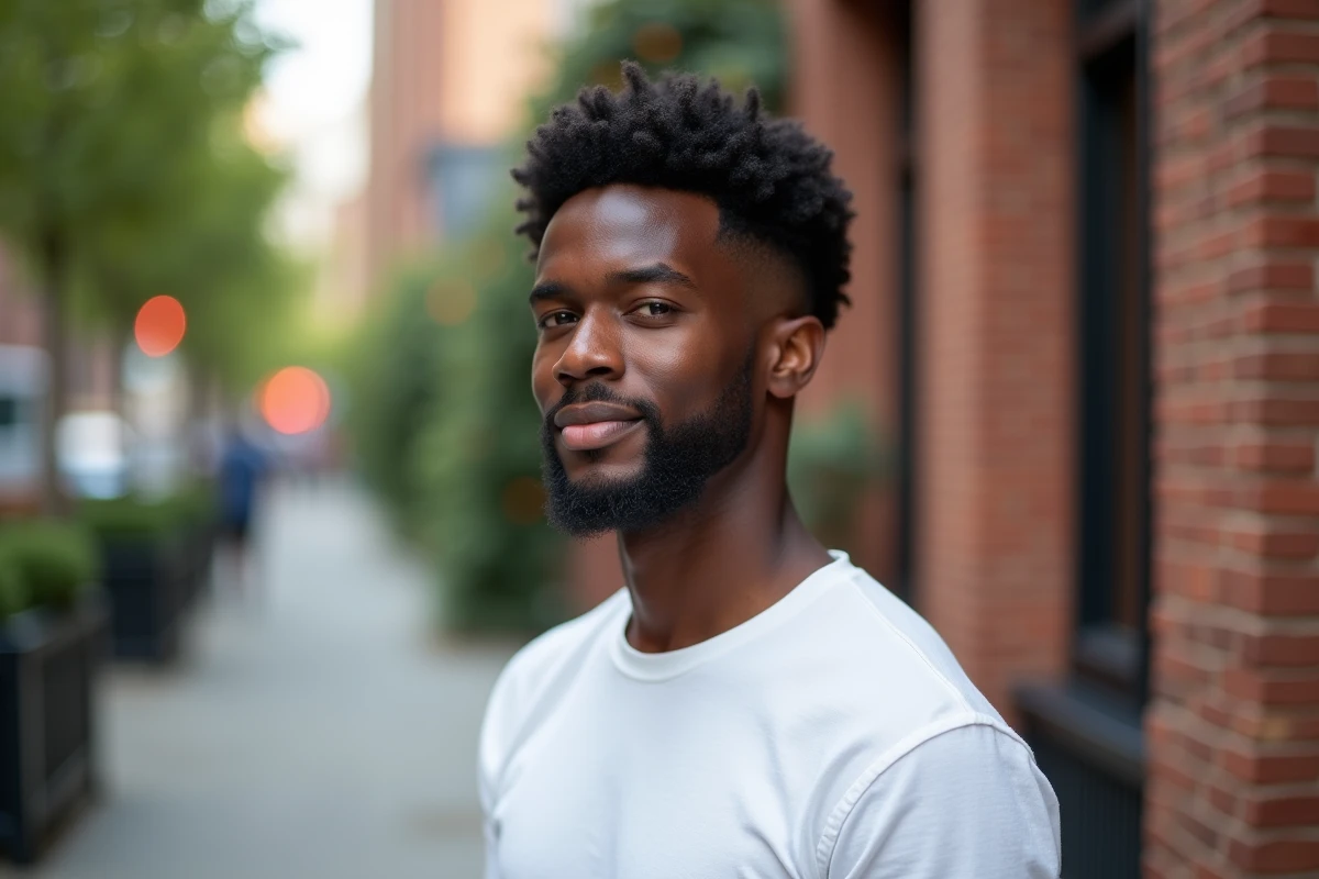 Profil d'un homme afro avec un fondu blanc net et précis photographié en extérieur dans un cadre urbain
