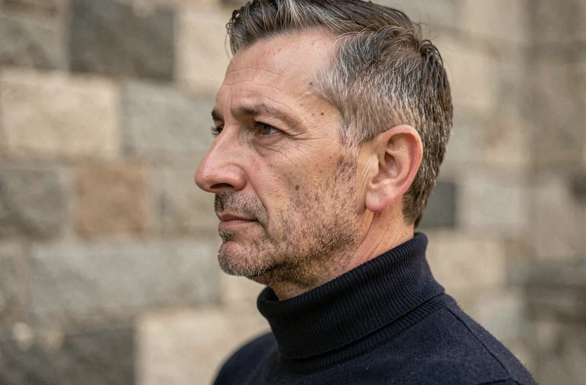 Profil latéral d'un homme au nez aquilin discret illustrant l'harmonie des proportions faciales