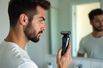 Homme tenant un rasoir électrique rechargeable Gillette dans une salle de bain moderne, vérifiant l'indicateur de charge