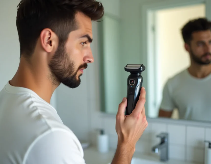 Homme tenant un rasoir électrique rechargeable Gillette dans une salle de bain moderne, vérifiant l'indicateur de charge