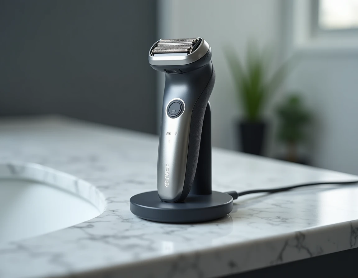 Rasoir électrique Gillette posé sur sa base de recharge sur un plan de travail en marbre gris, câble USB-C à côté