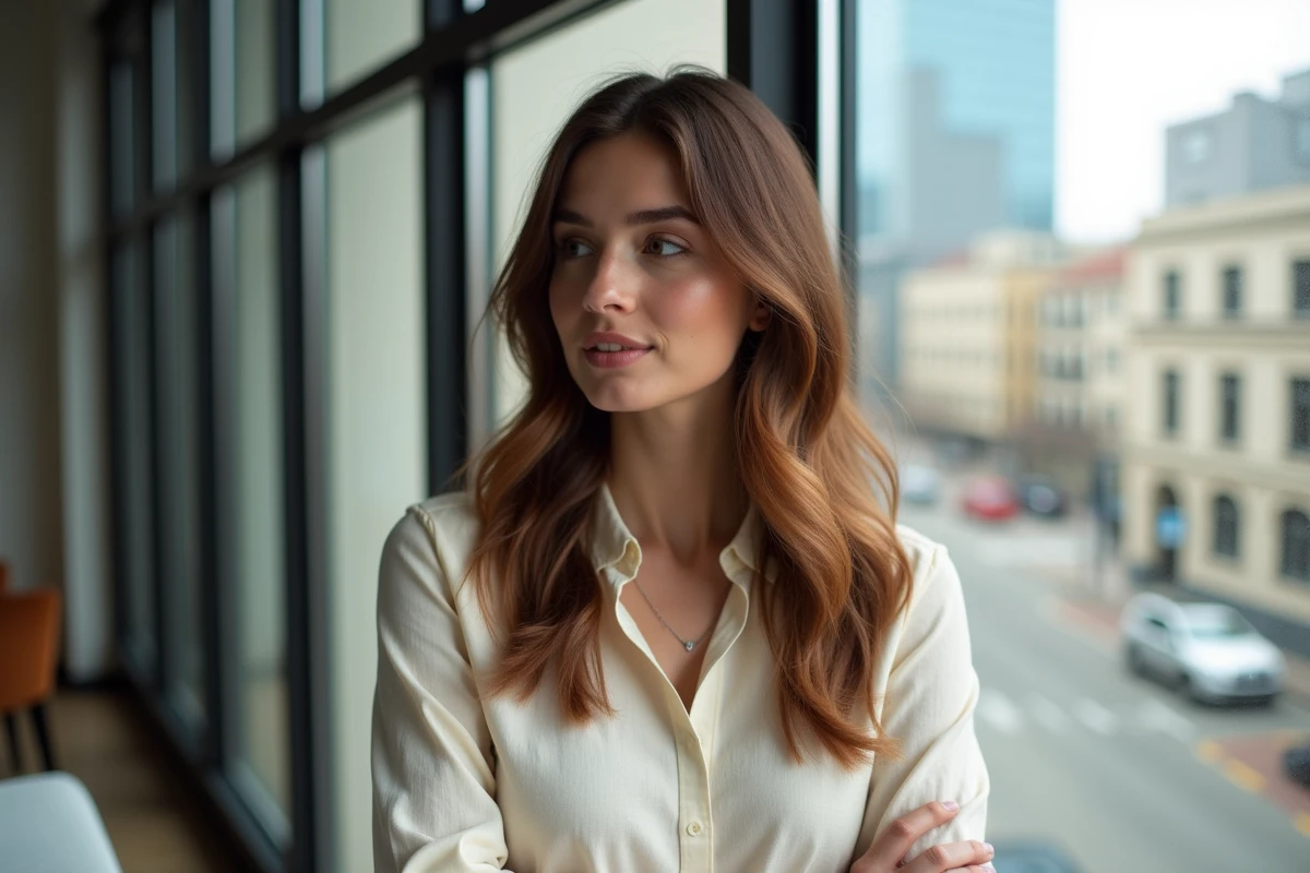 Femme brune avec balayage doux aux reflets caramel réussi sans effet zébré visible